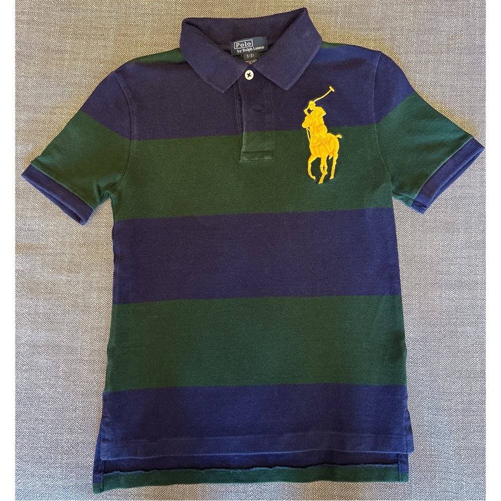 Polo by Ralph Lauren Navy & Green Striped Polo with Yellow Pony